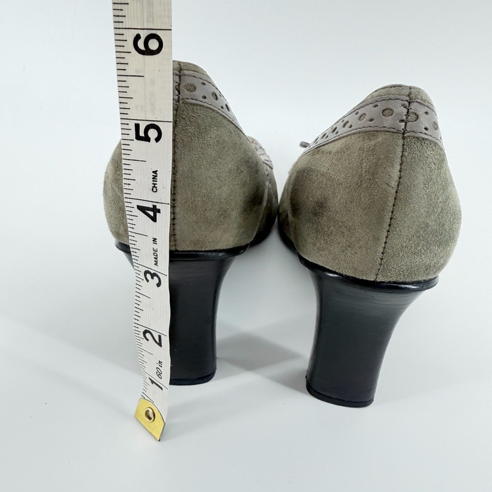 Nine West Womens 6 Oxford Olive Suede Kiltie Fringe Wingtip Block Heel Pumps Bow - Picture 3 of 10